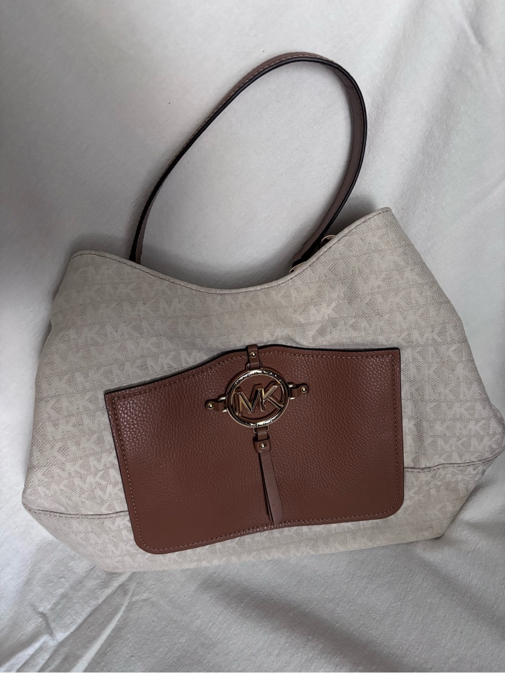 Michael Kors Two-Tone Logo Shoulder Tote in Cream and Brown